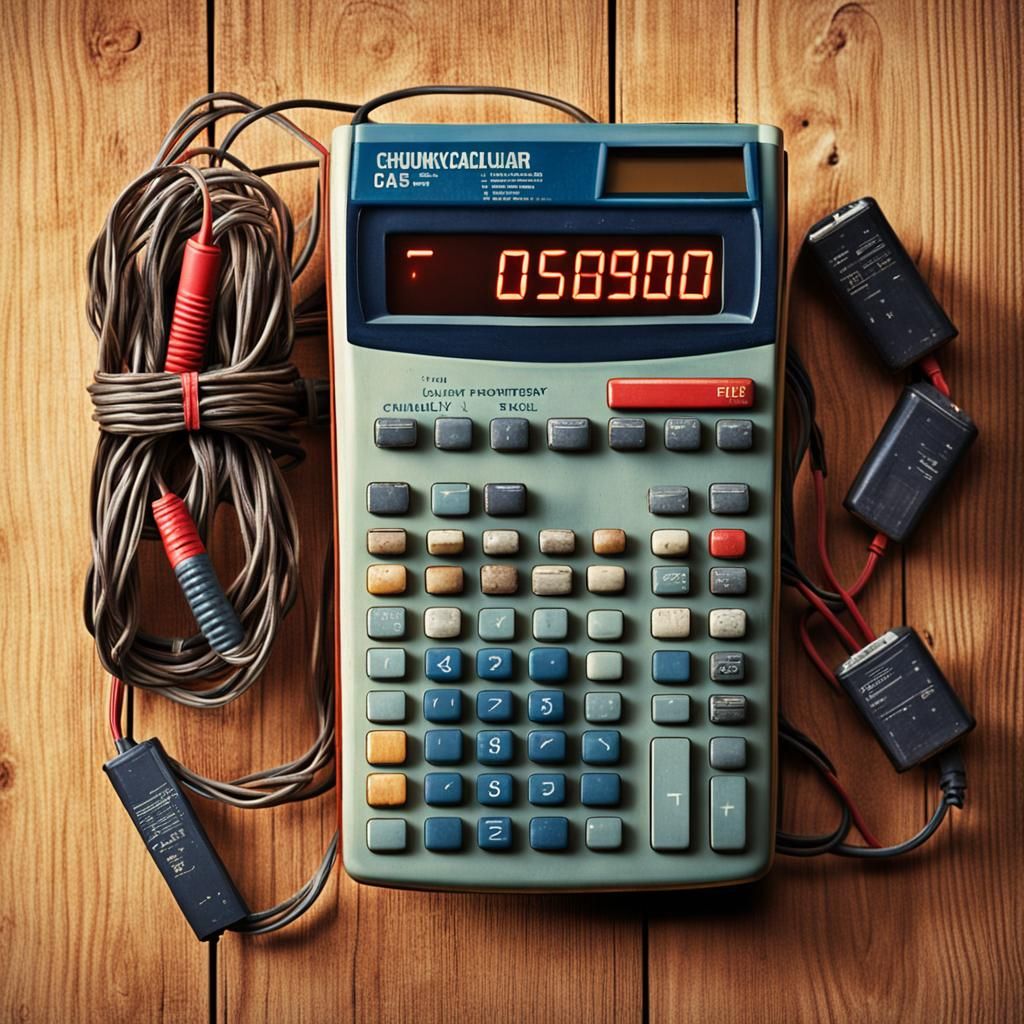 Retro 1980s Calculator on Wooden Surface