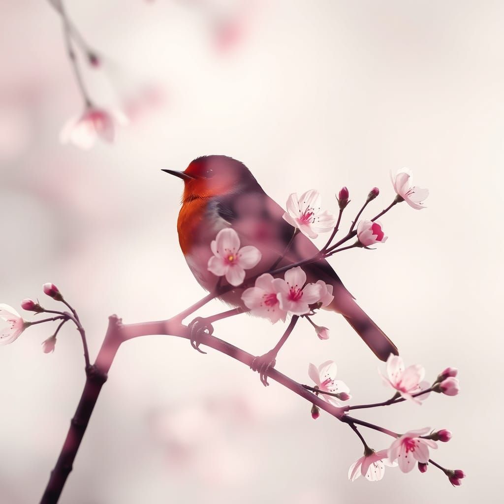 Beautiful Robin Bird Silhouette Against Vibrant Sakura Bloom...