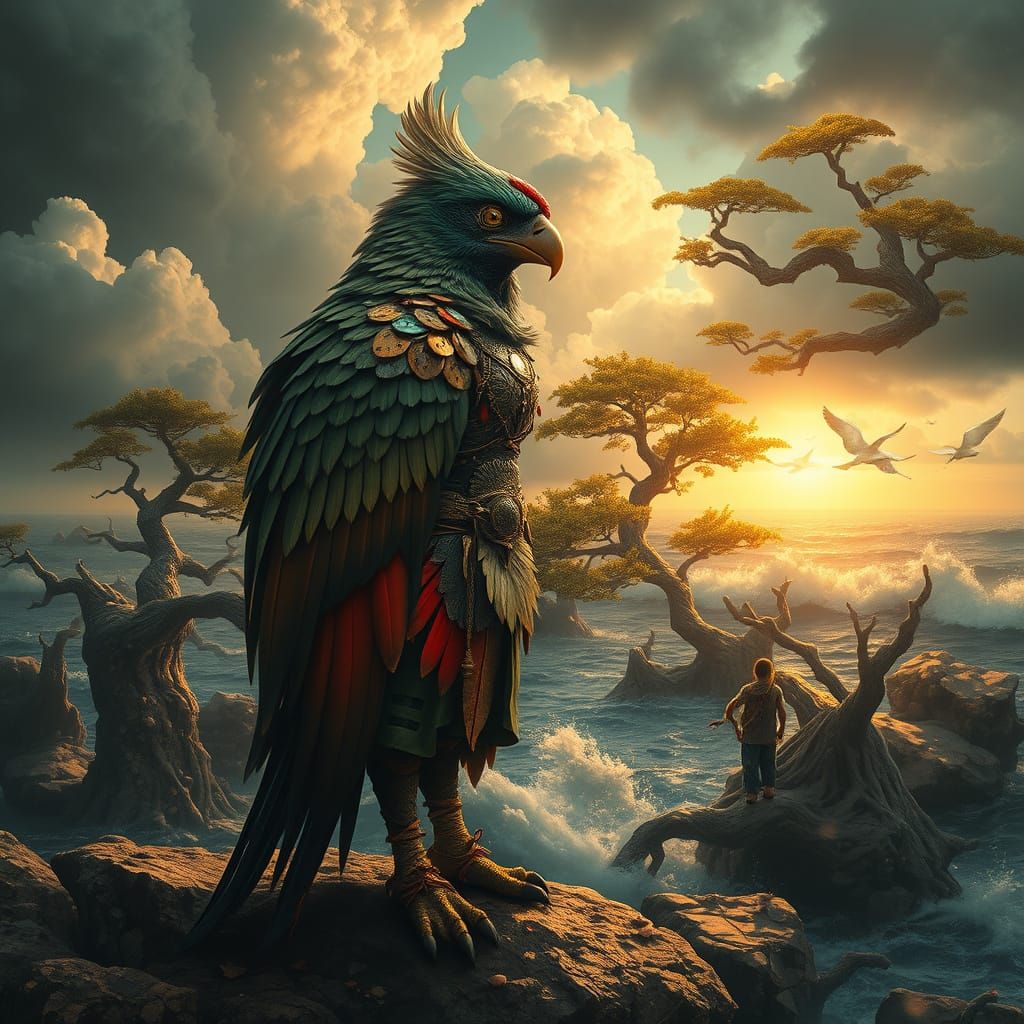 Steampunk Amazon Warrior Amidst Stormy Coastal Landscape
