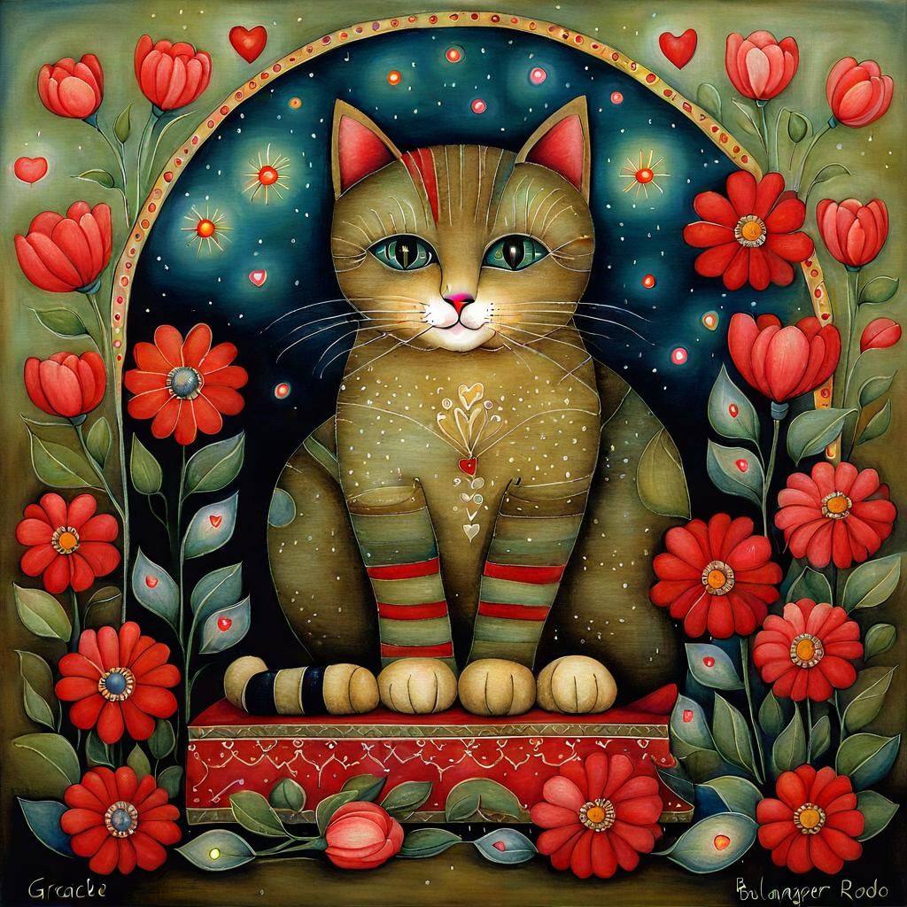 Cat on Pillow Surrounded by Flowers, Latin American Style