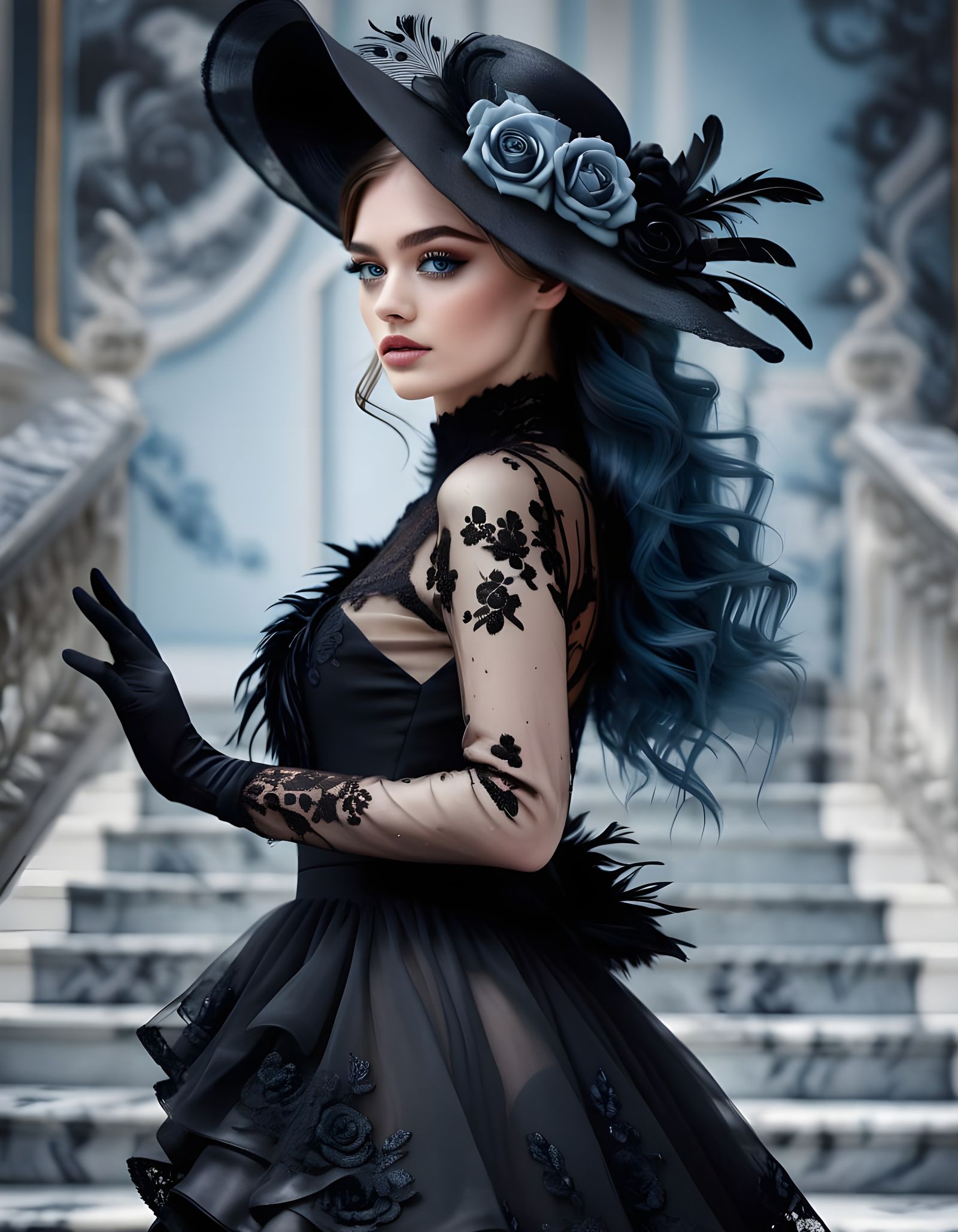 Stunning Woman in Black Lace Victorian Dress