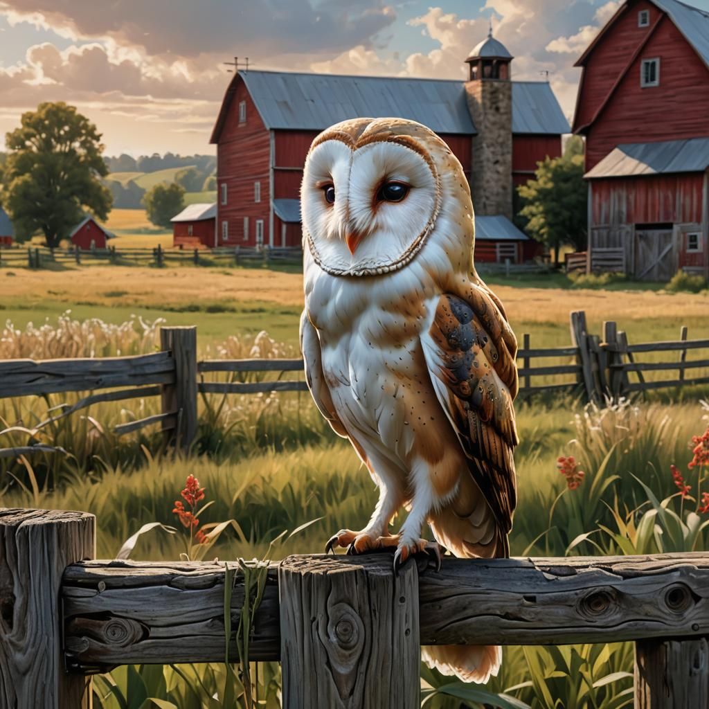 Barn Owl Portrait in Hyperdetailed Country Scene