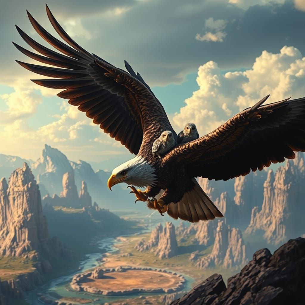 Majestic Eagle Transports Eaglets in Breathtaking Fantasy La...