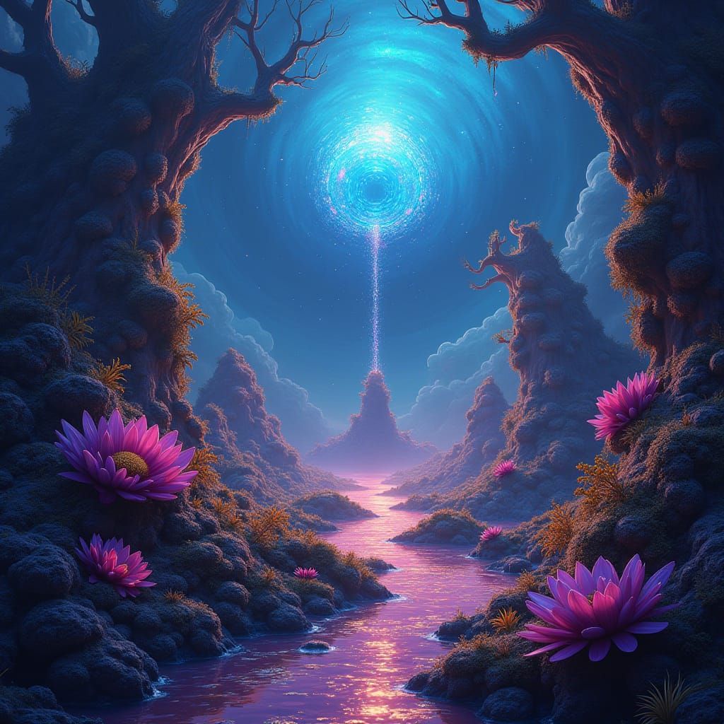 Mystical Being in Surreal Iridescent Landscape