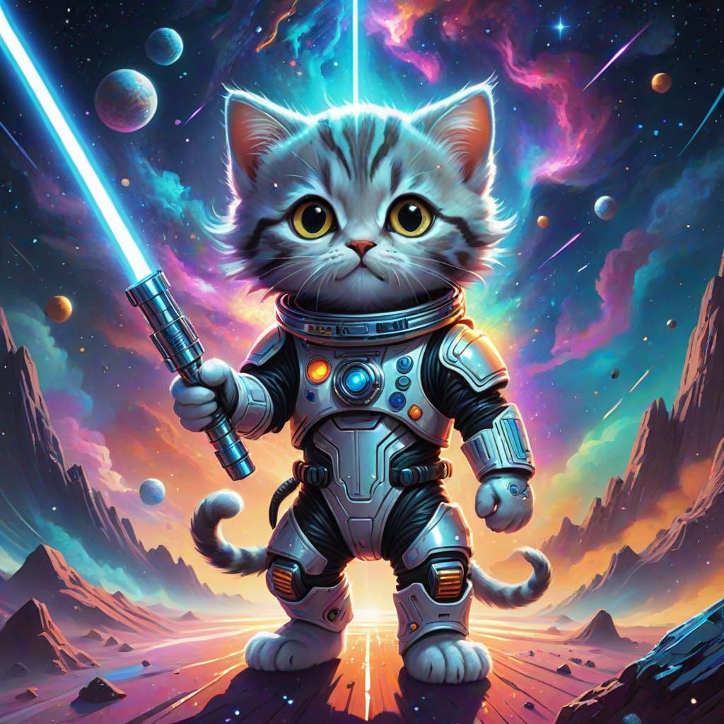 Heroic Kitten Embodies Cosmic Power in Shimmering, Holograph...