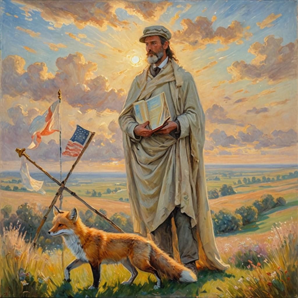 Heavenly Landscape: Man, Fox, and Key in Impressionist Style