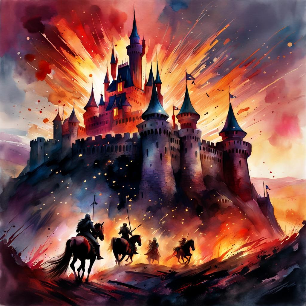 Disney Castle Siege in Digital Watercolor Style