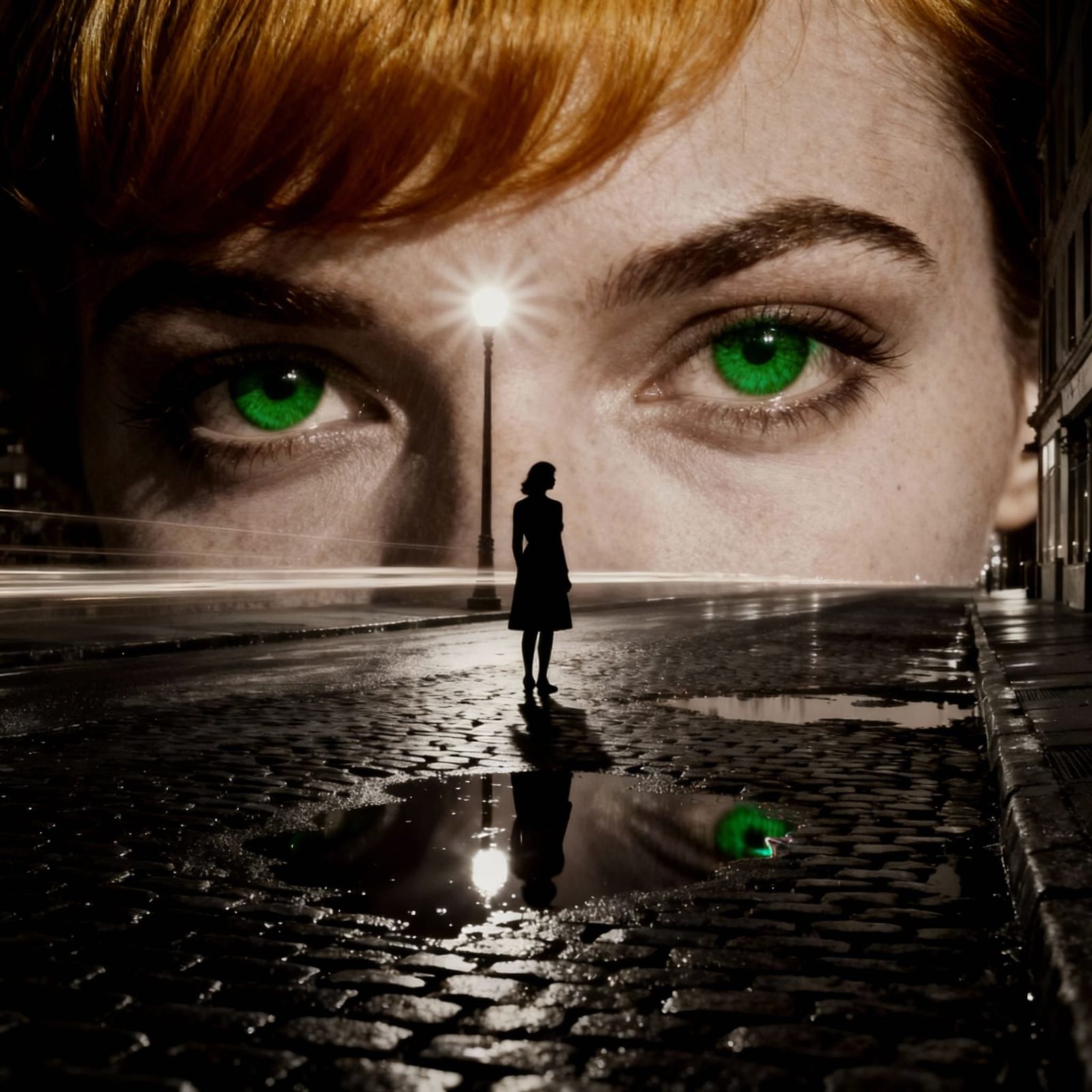 Noir Solitude: Woman on Rainy Streetlamp Lit Cobblestone