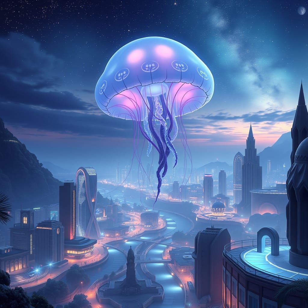 Bioluminescent Jellyfish Over Utopian Cityscape