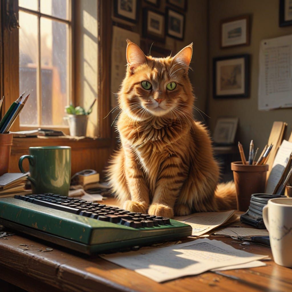 Ginger Cat Caught Mid-Typing on Vintage Computer in a Cozy S...