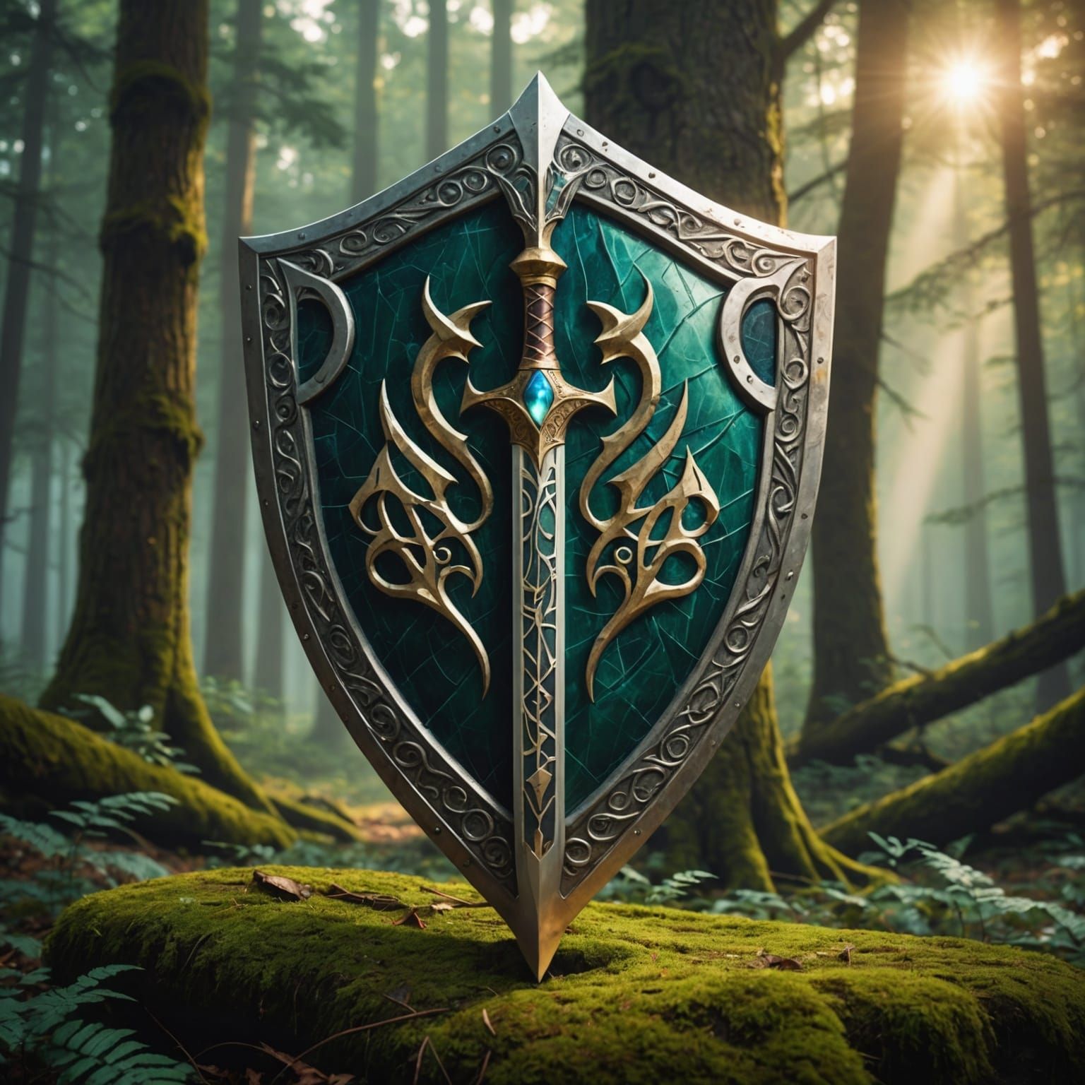 Enchanted Relics: Sword and Shield in Forest