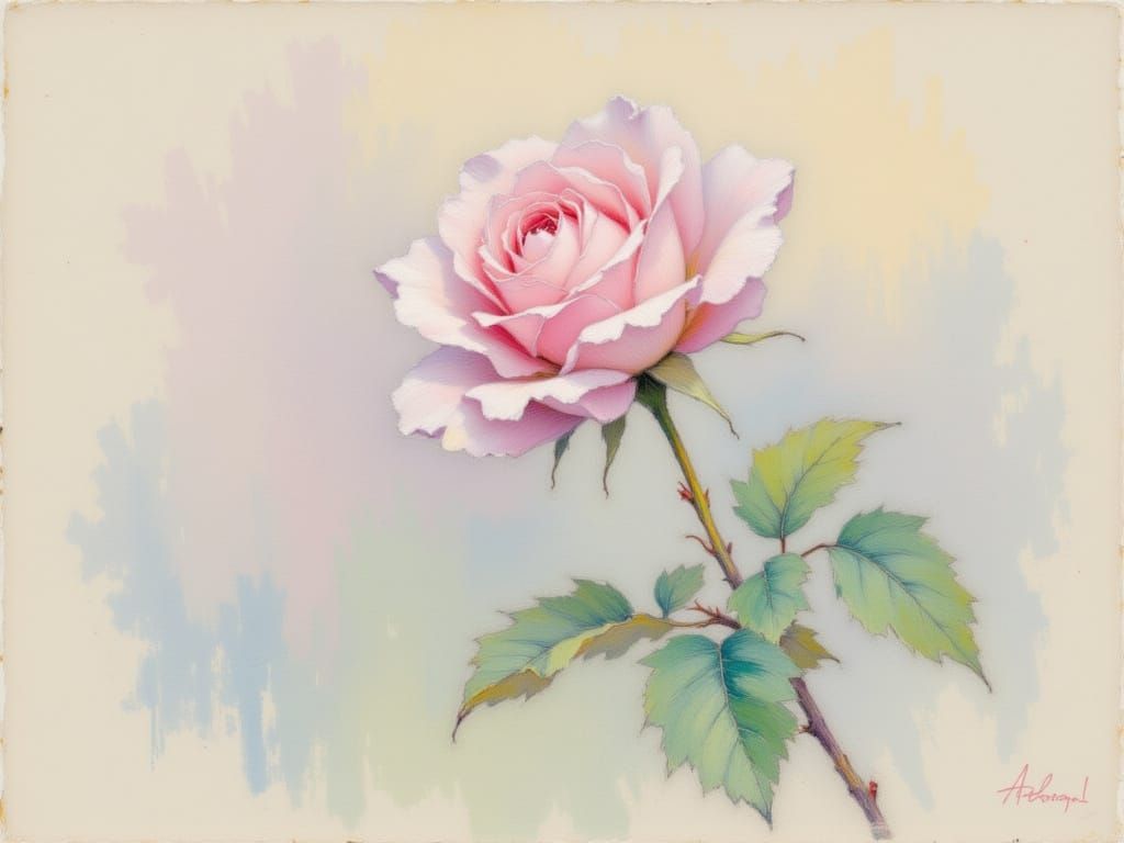 Dew-Kissed Pink Rose Bud at Dawn in Pastel Style