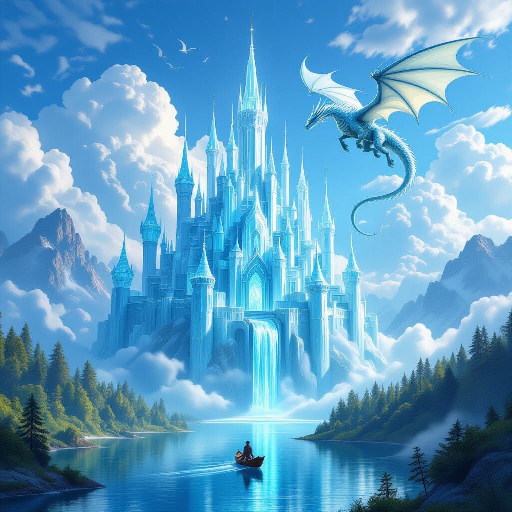 Ethereal Ice Ghost Castle in Blue Sky, Hyperdetailed Charcoa...