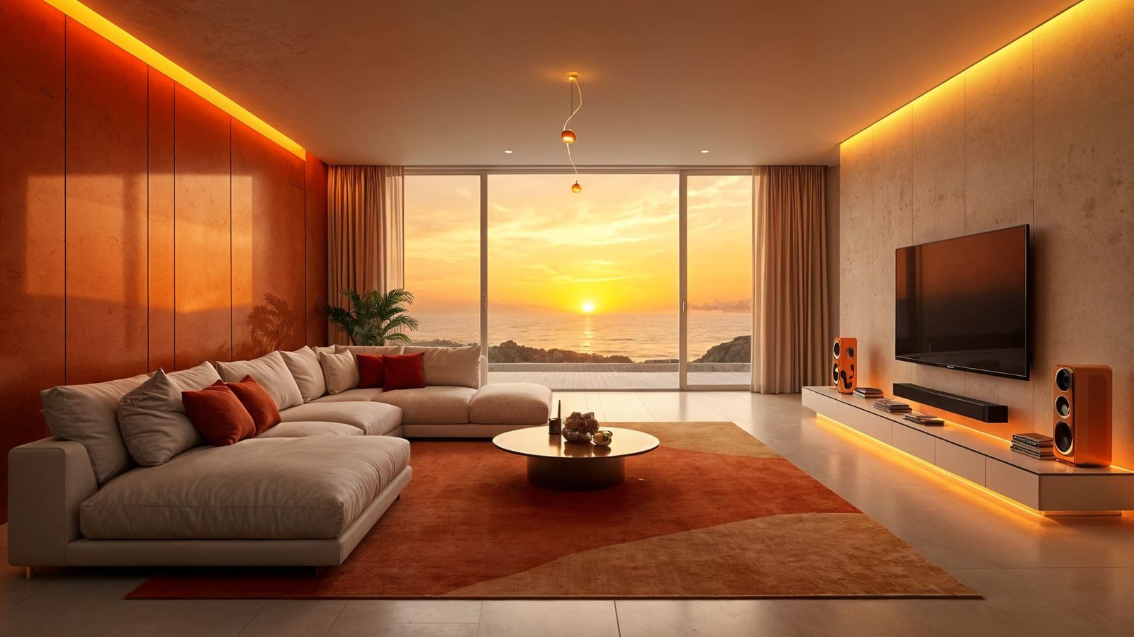 Futuristic Living Room at Sunset: Ultra-Wide View