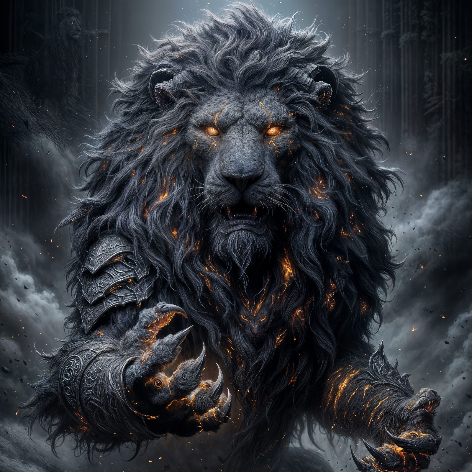 Cyberpunk-Style Lion of War with Battle Scars and Magical Ar...