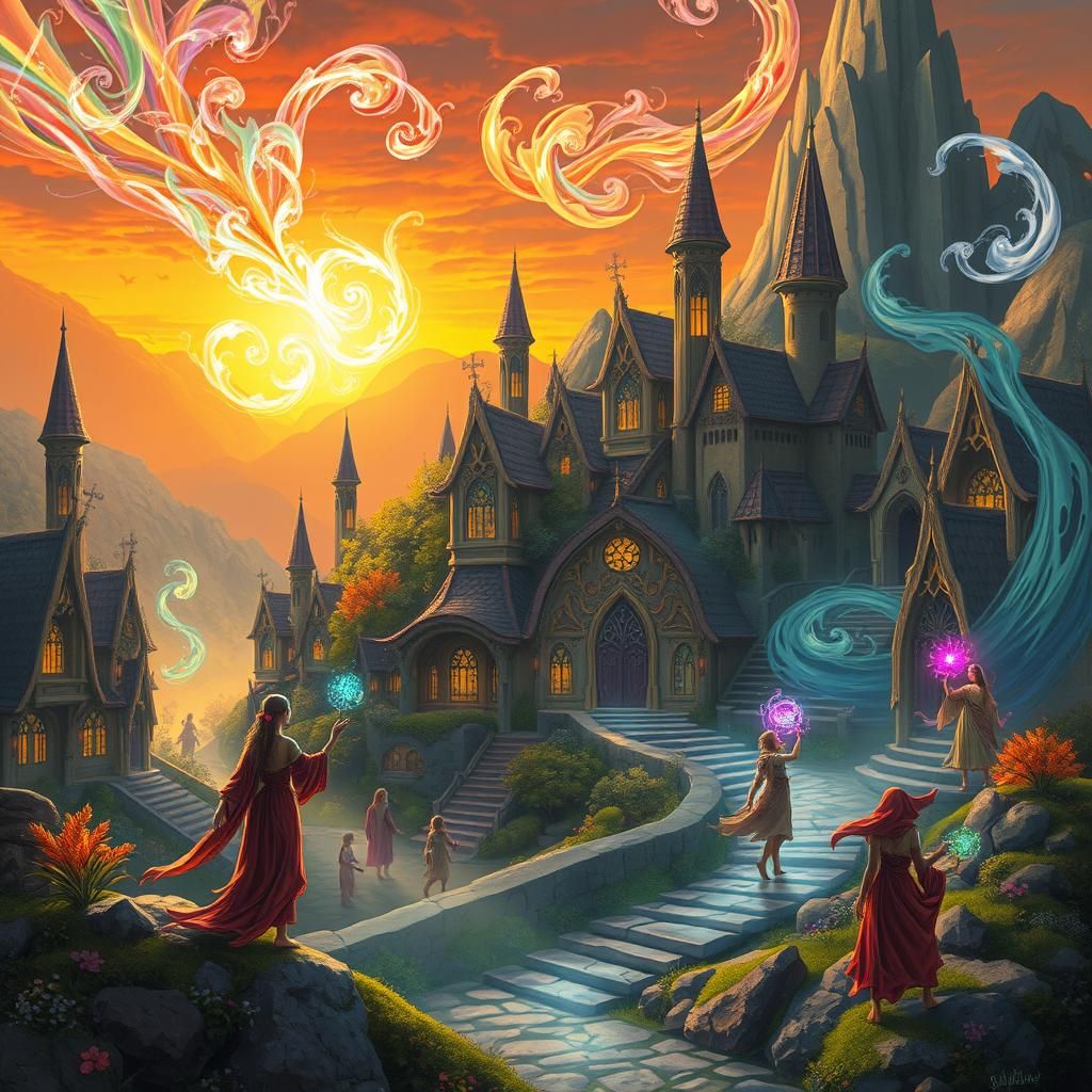 Enchanting Elven Village with Wizard in Fantasy Style