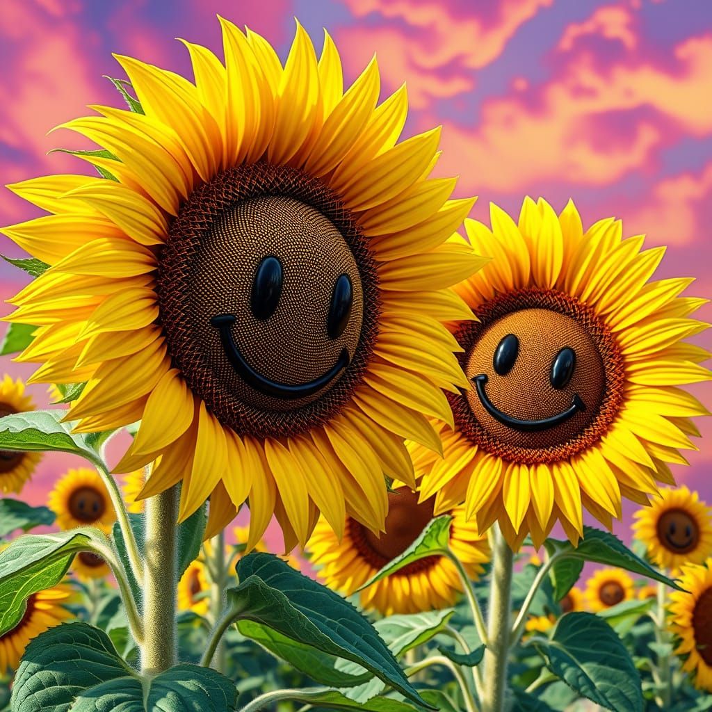 Acid House Sunflowers in Hyperrealistic Style