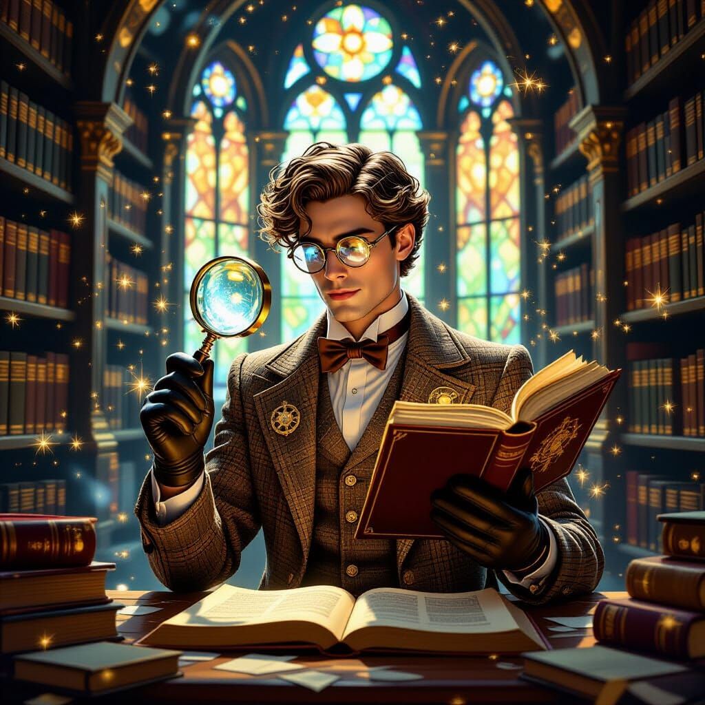 Celestial Librarian in Floating Library, Art Nouveau Style