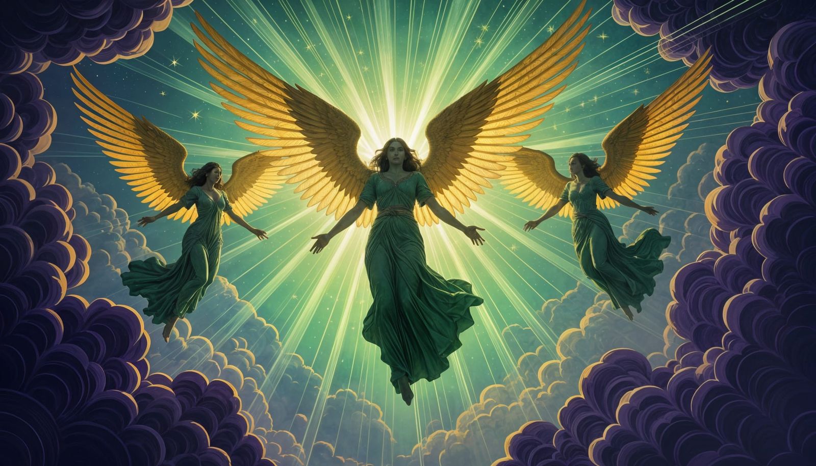 Seraphim Descend in Emerald Light, Doré Illustration
