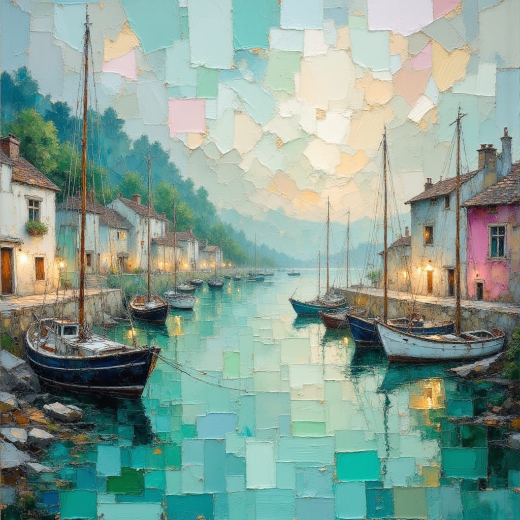 Fishing Village Landscape in Impasto Oil Painting Style