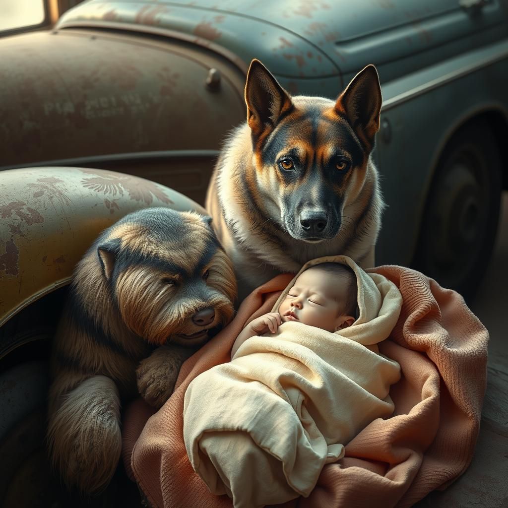 Protective Dog Guarding Newborn, Hyperrealistic Concept Art