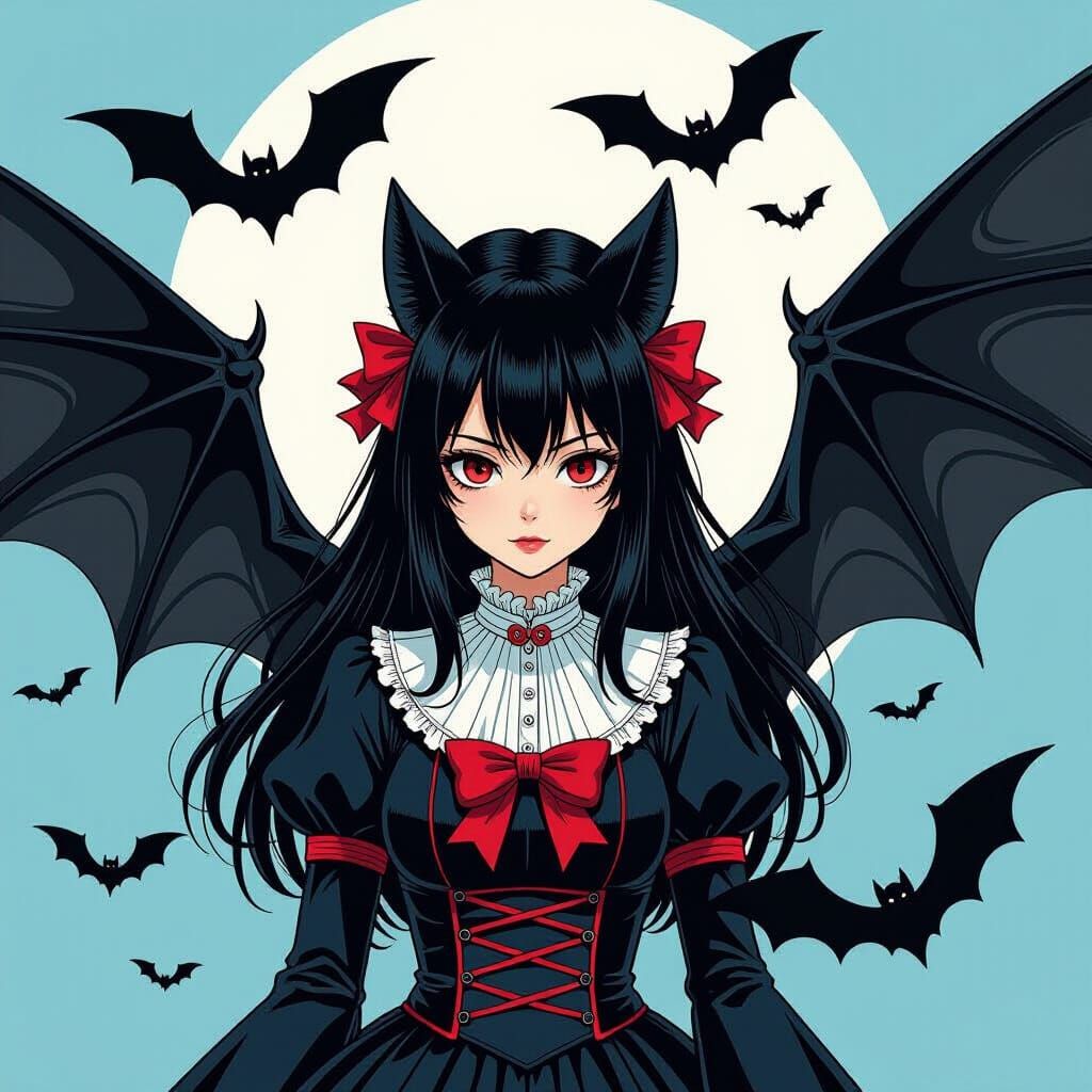Japanese Gothic Girl Transforming into Bats