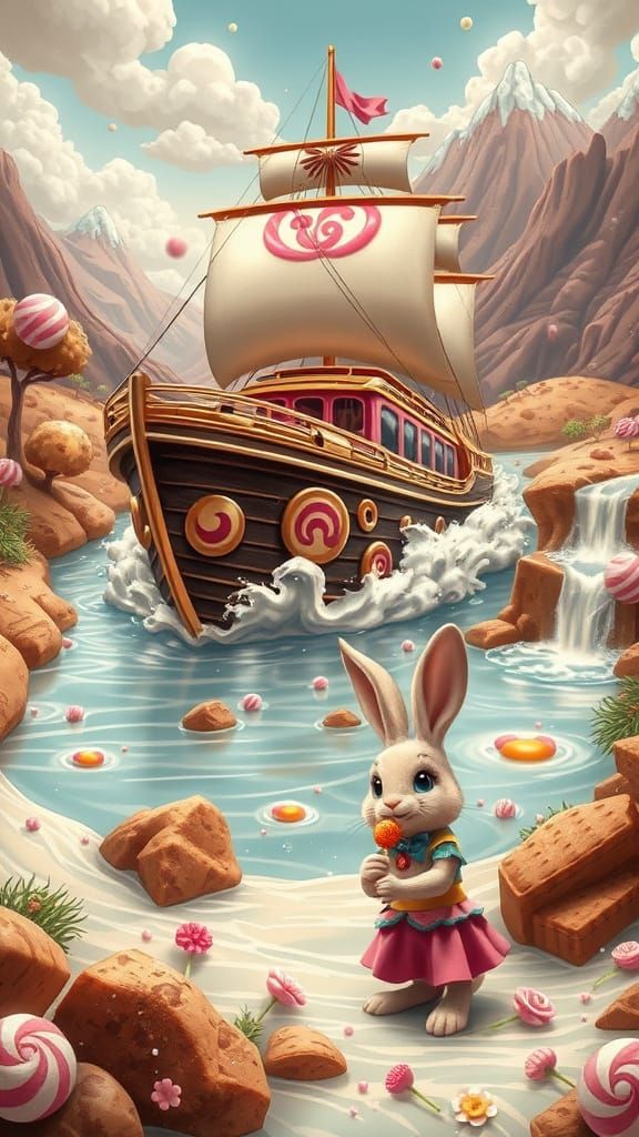 Vibrant Confectionery Landscape with Retro Ship and Whimsica...