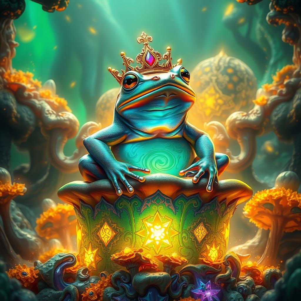 Regal Pepe Frog Reigns on Shimmering Throne in Vibrant Fanta...