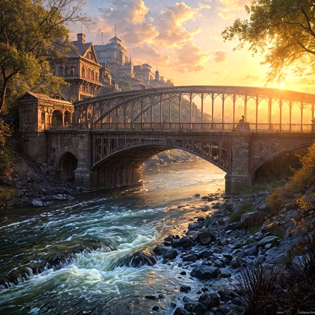 Dramatic Sunset Over Iron Bridge: Matte Painting