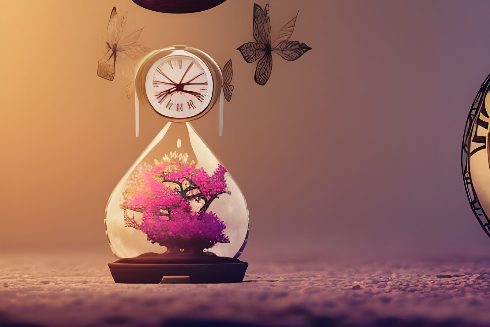 Steampunk Clock with Pink Bonsai Tree