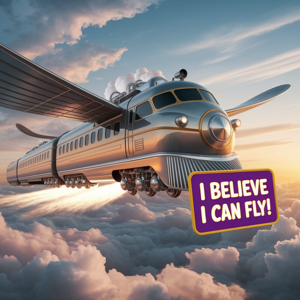 Retro-Futuristic Flying Train Soars Above Clouds