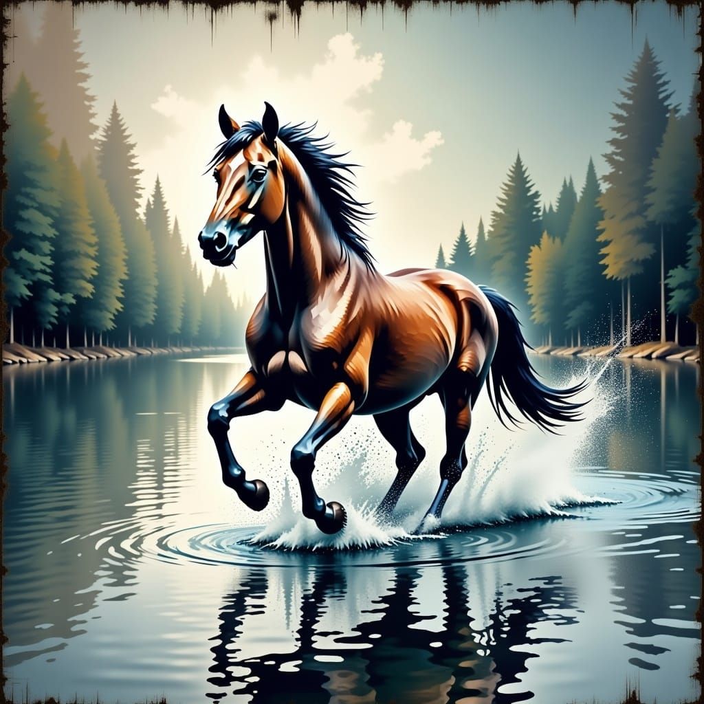 Majestic Pixelated Horse Galloping Across River