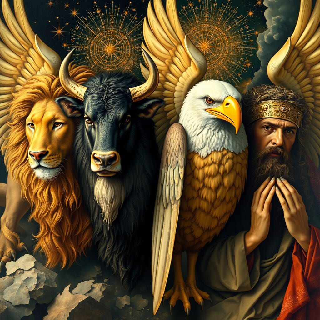 Four Winged Creatures Worship God in a Vibrant Art Nouveau S...