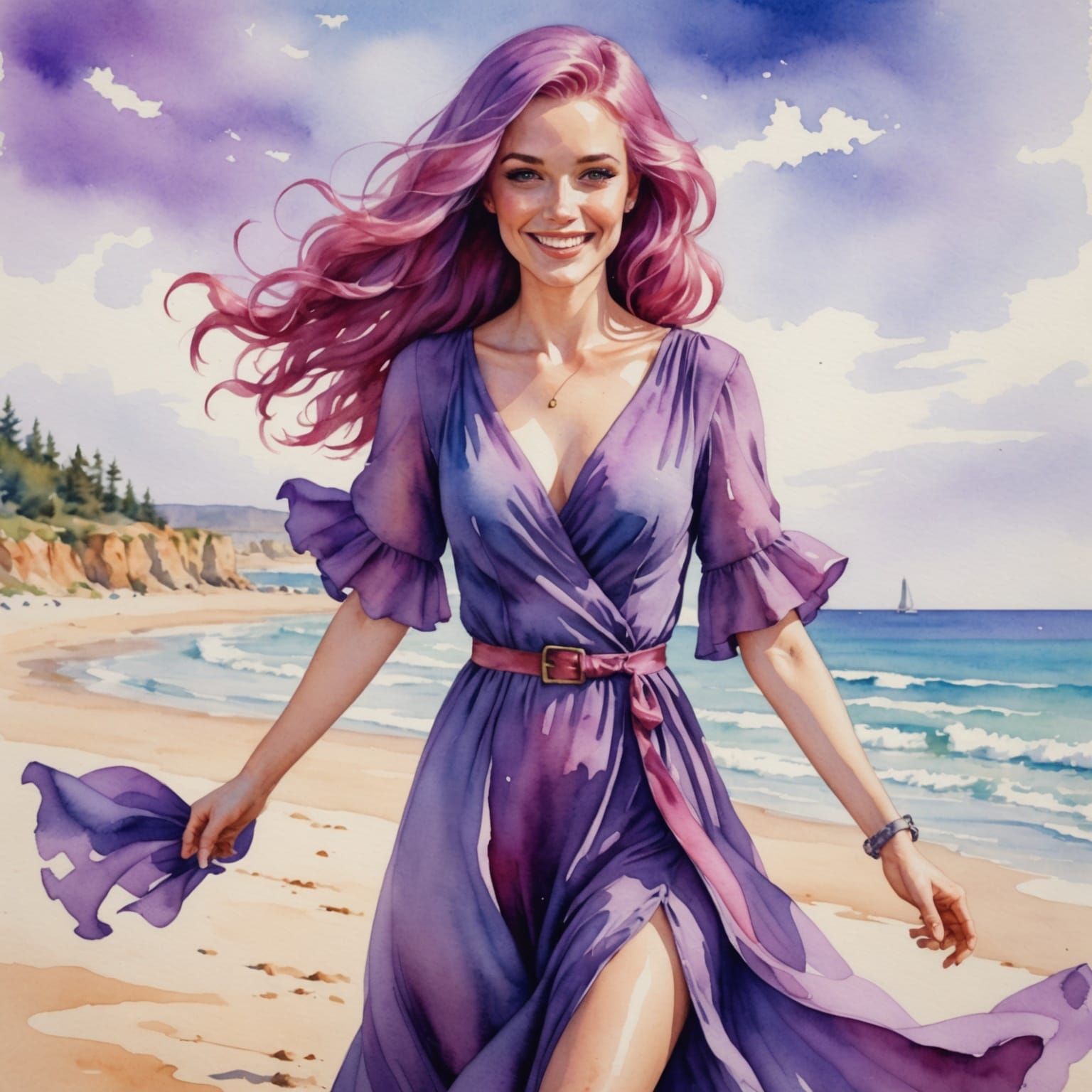 Pink Haired Mermaid Captured in Watercolor Beach Scene