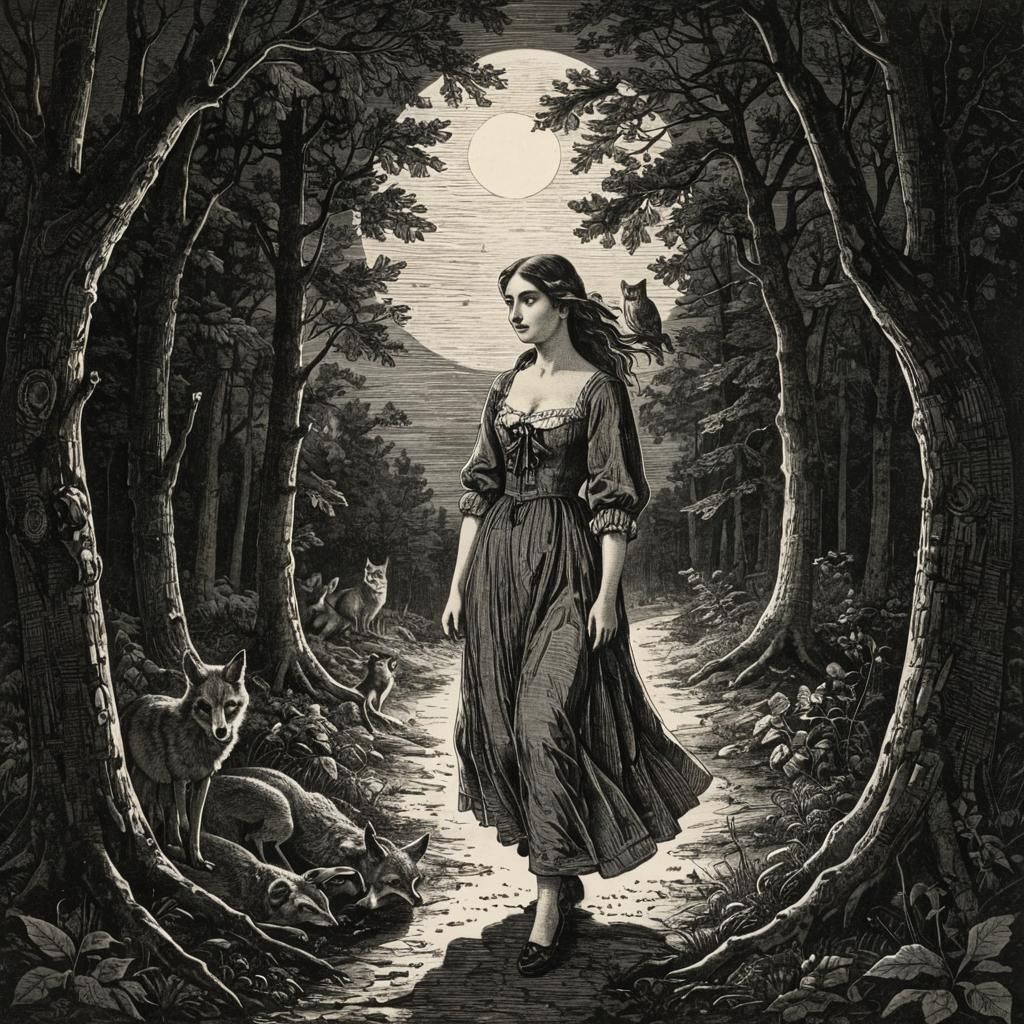 Moonlit Forest Etching of Woman with Foxes