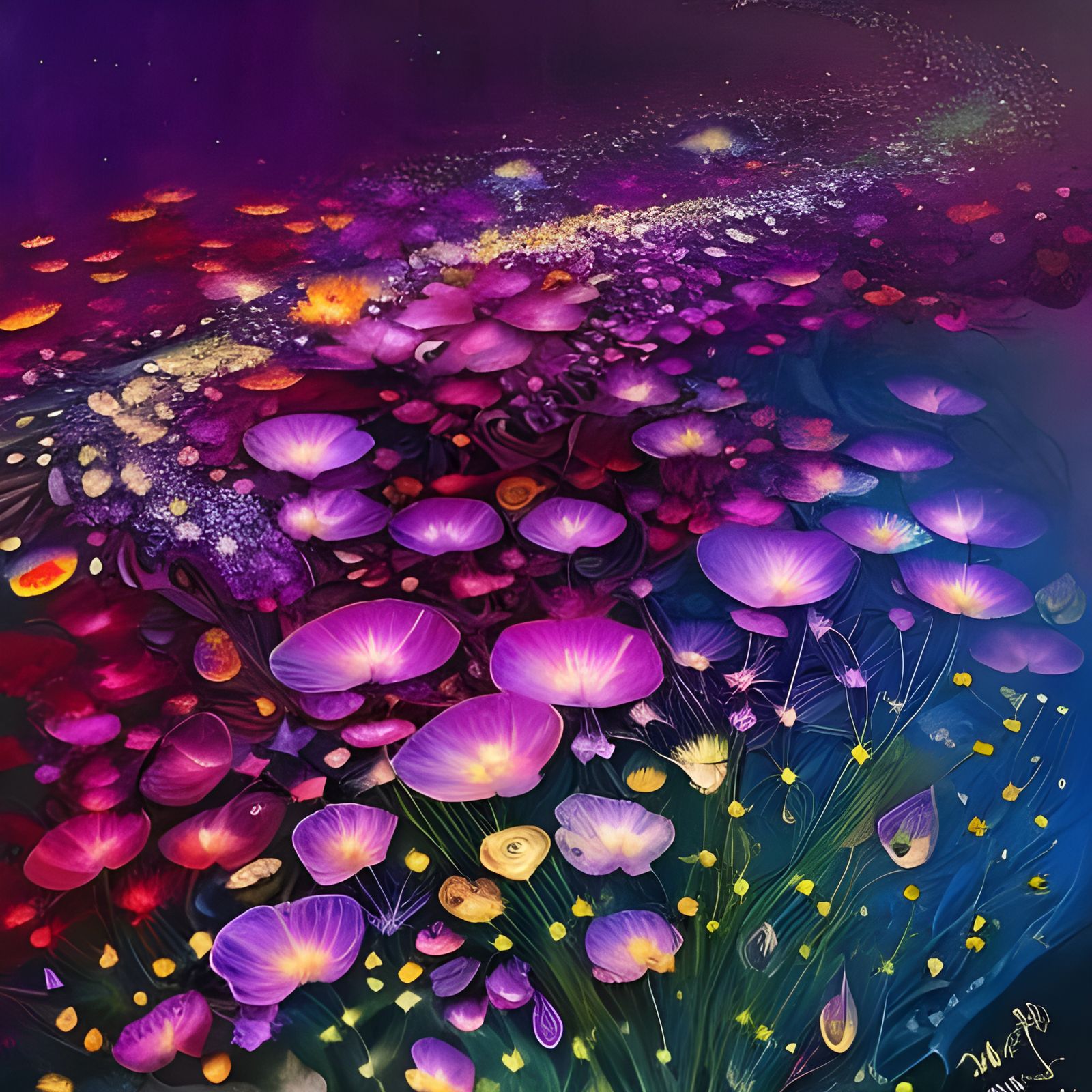 Ethereal Floral Dreamscape with Liquid Metal Accents