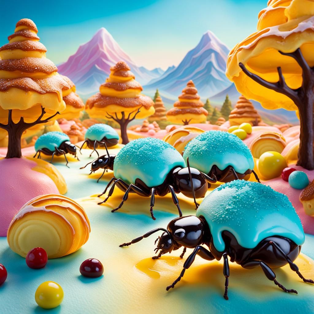 Surreal Pastry Landscape with Giant Ants