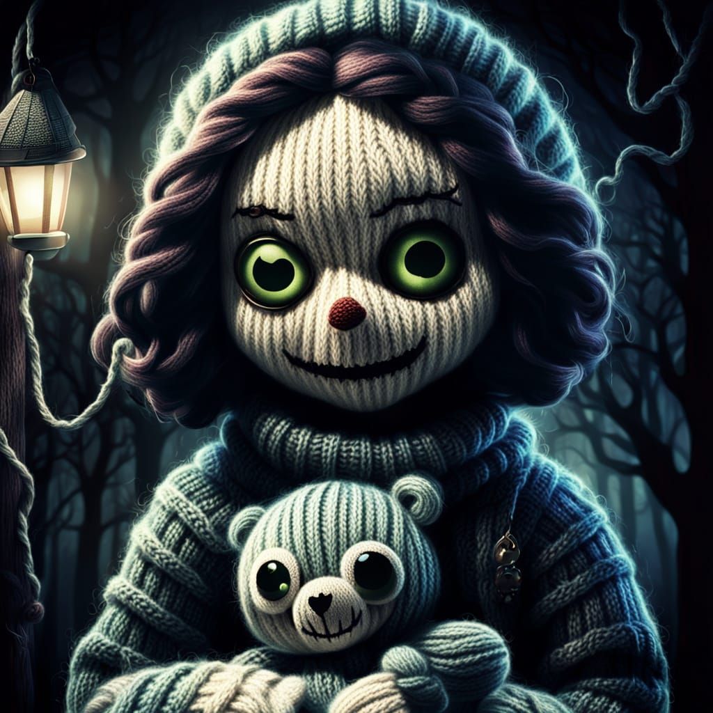 Creepy Knitted Girl with Toy in Moonlight