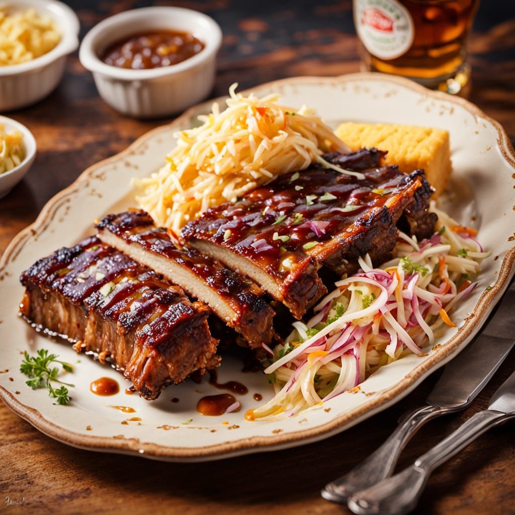 Mouthwatering Ribs, Coleslaw, and Cornbread Oil Painting