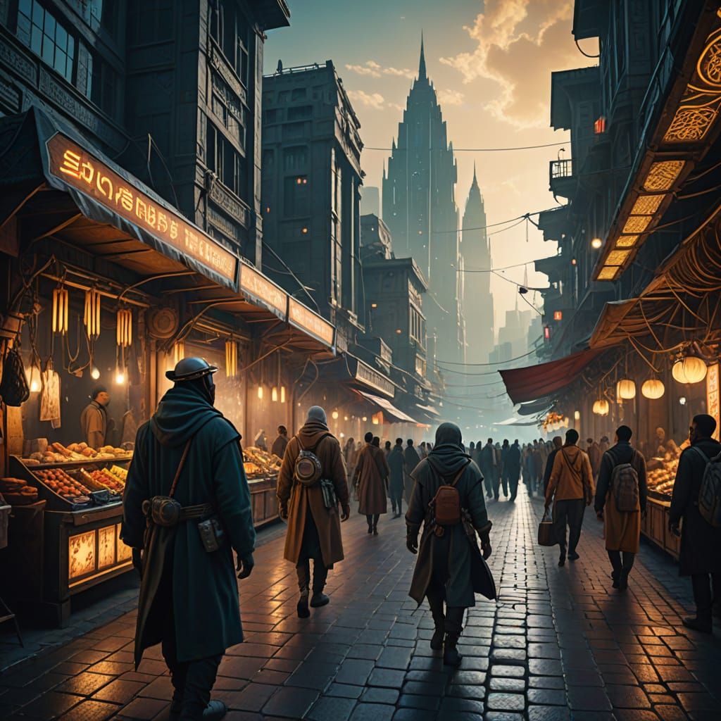 Sci-Fi Cityscape: Ancient Market, Futuristic Skyscrapers