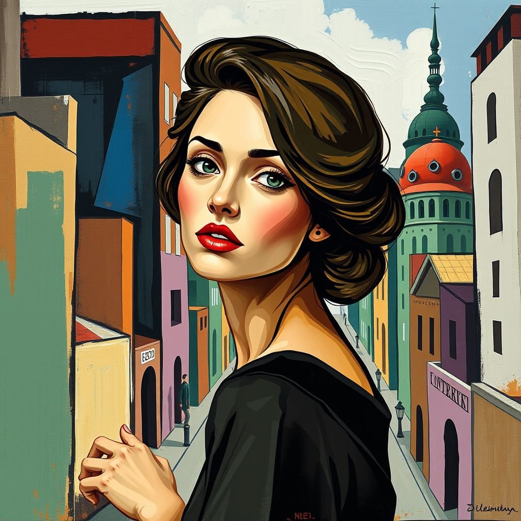 Woman in Modern Cityscape with Cubist Flair