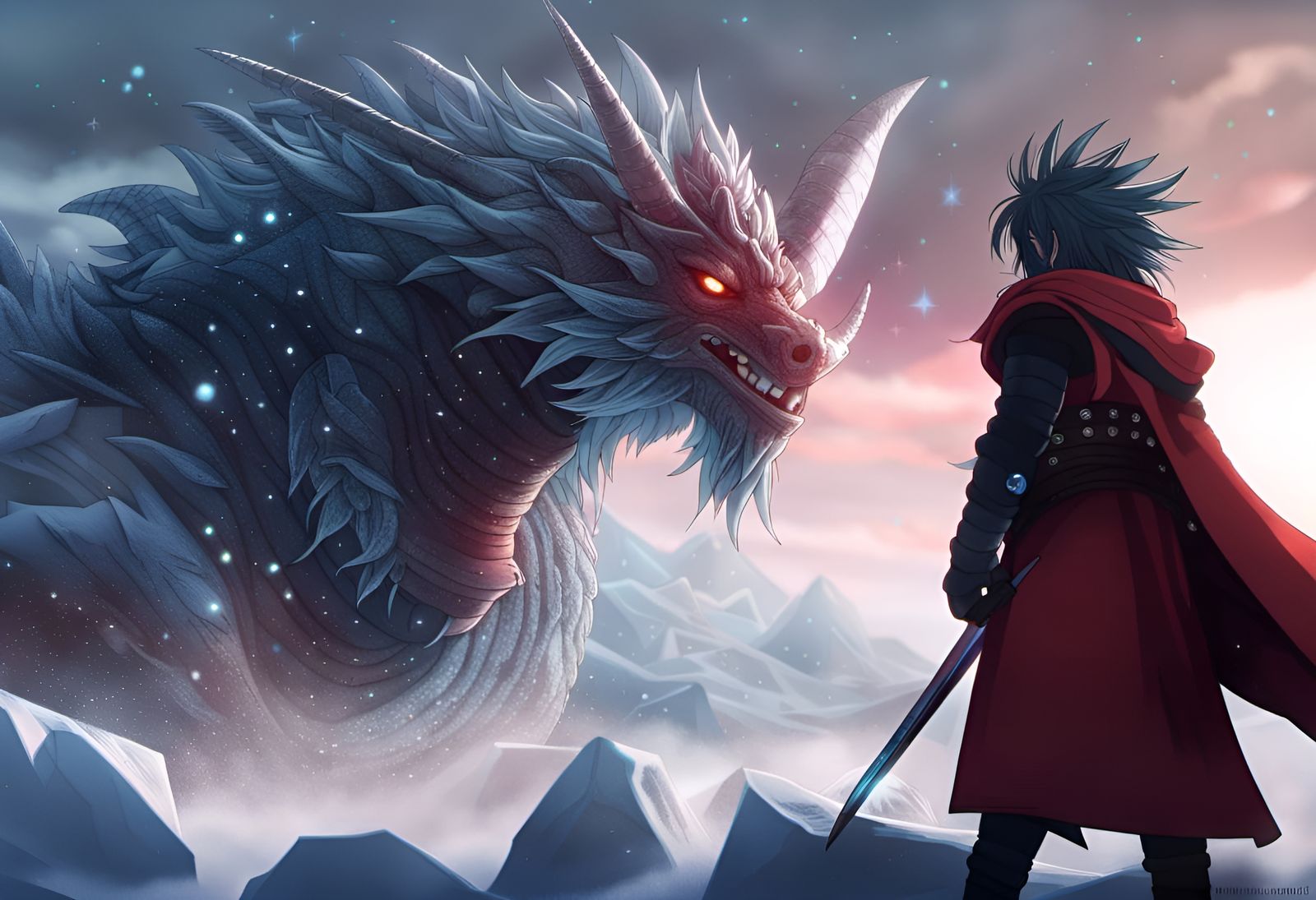 Madara standing in a frost mountain area, sword in hand, bac...