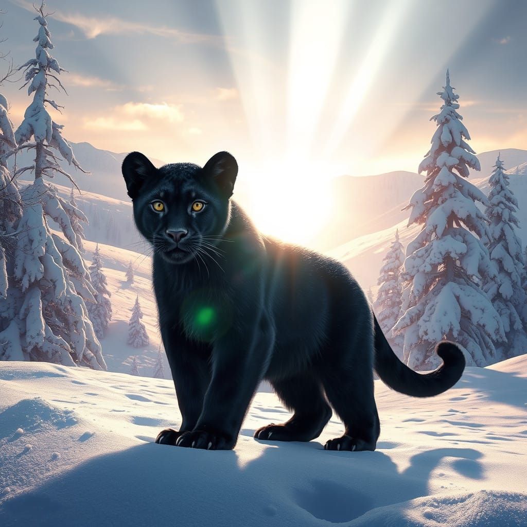 Majestic Black Panther Cub Basks in Ethereal Winter Light