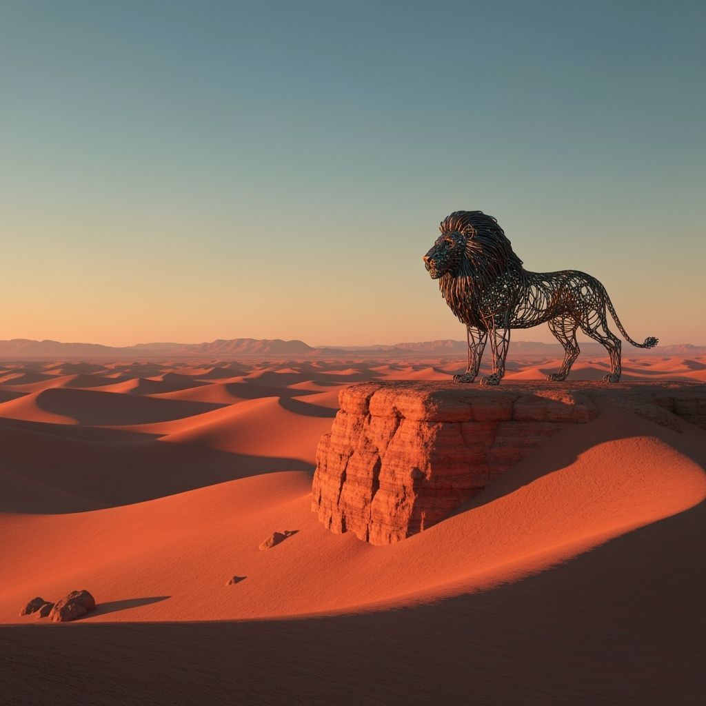 Iron Wire Lion Sculpture on Desert Mesa