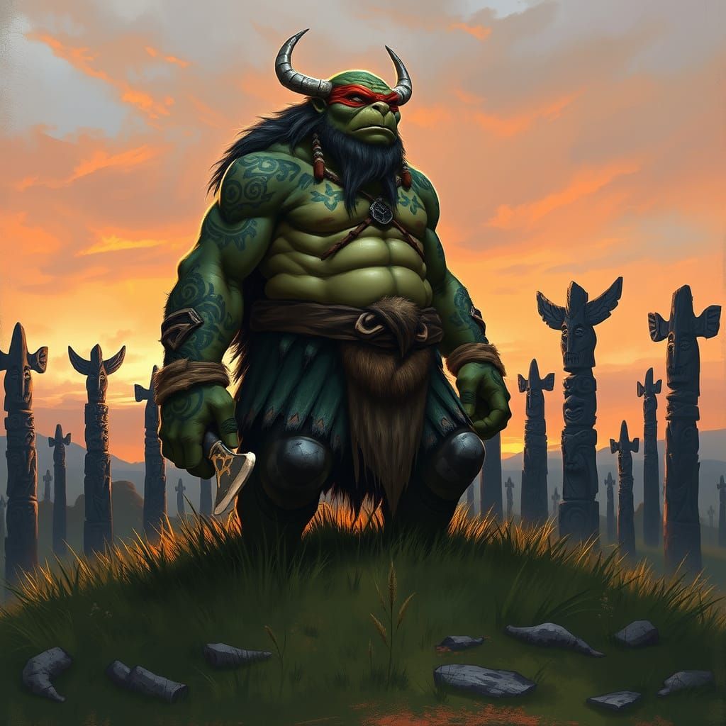 Tauren Ninja Warrior in Ancient Forest, Mysterious Totem Pol...
