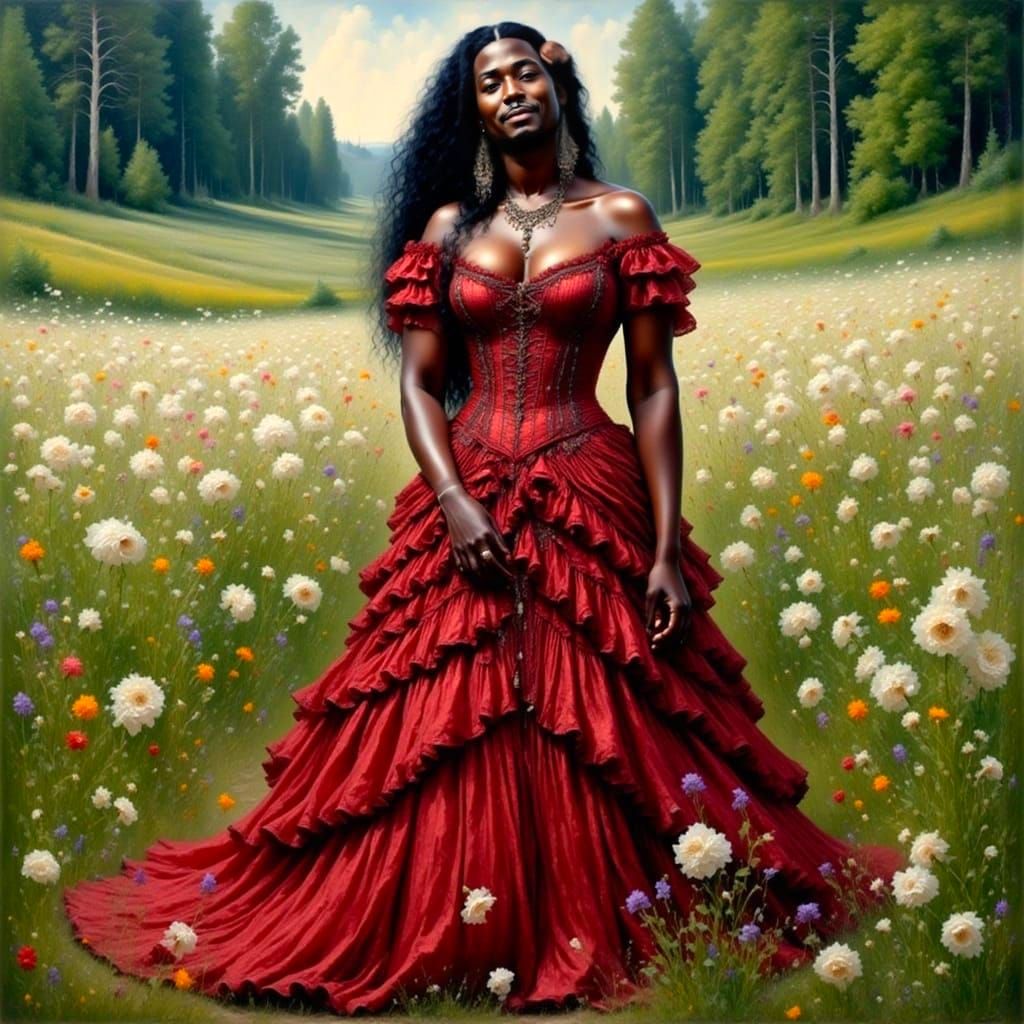 Renaissance Woman in Floral Dress, Oil Painting