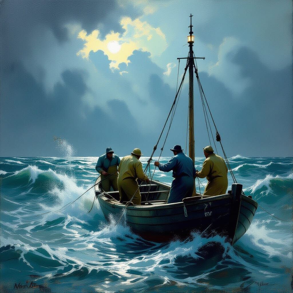 Fishermen Battling Stormy Seas in Realistic Oil Painting