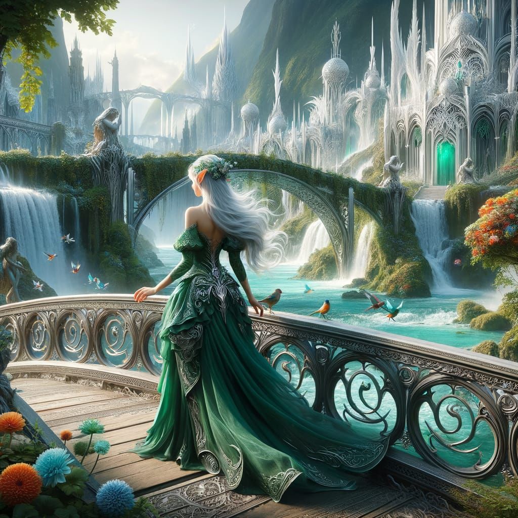 Ethereal Elf Maiden in Elven City of Filigree and Waterfalls