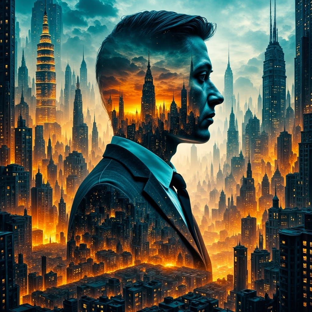 Surreal Cityscape Devouring a Businessman in Fiery Chaos