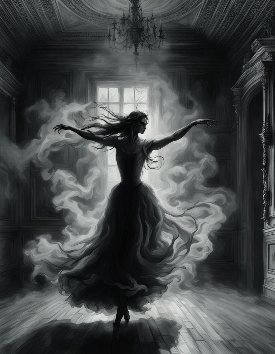 Ghost Ballerina Dances in Smoky Room: Horror Art
